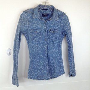 Blue Country Denim Top Women Medium Extra Slim Blue White Long Sleeve Button-Up